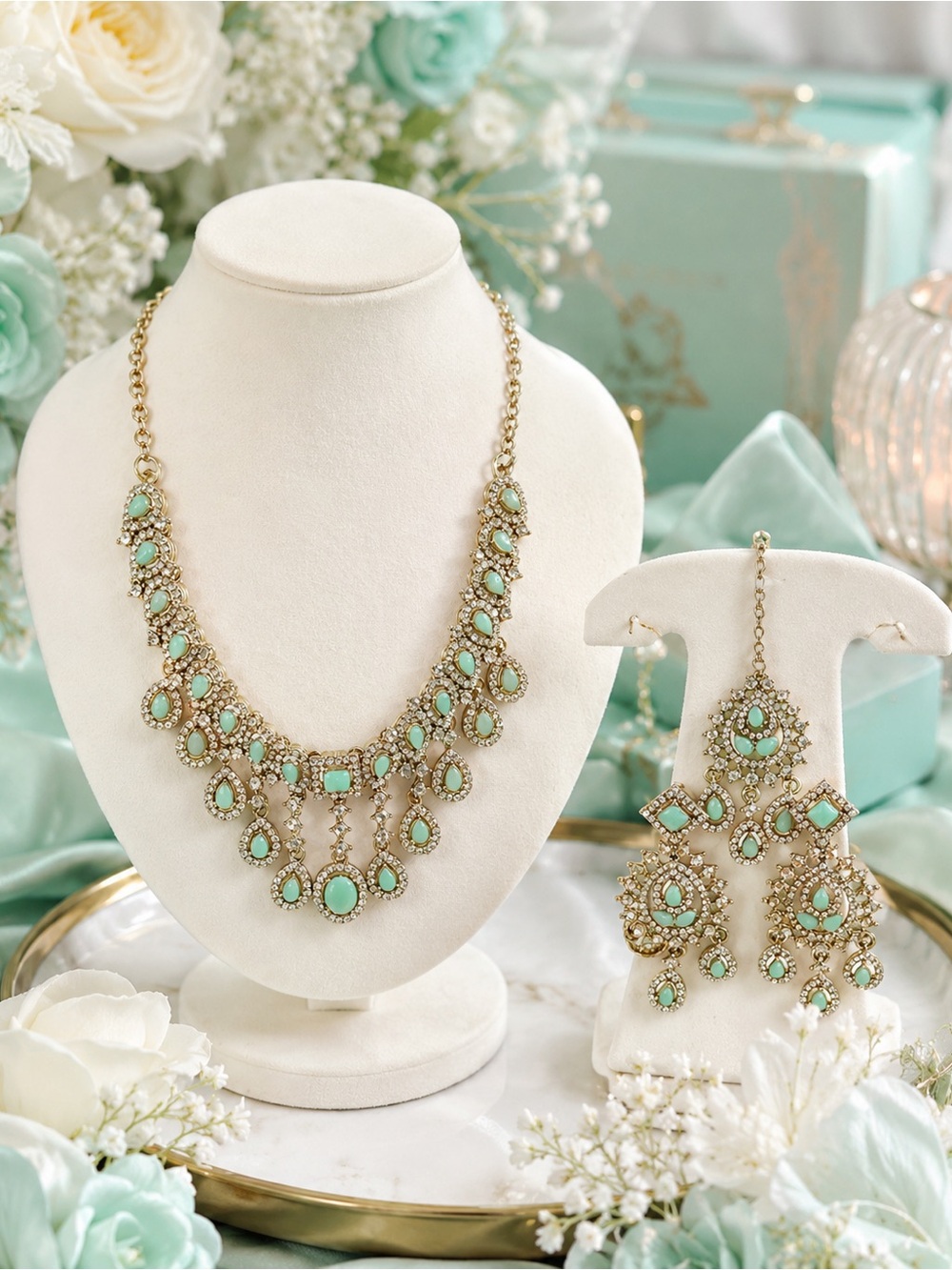 Elegant Gold-Plated Necklace and Earrings Set with Mint Green Stones